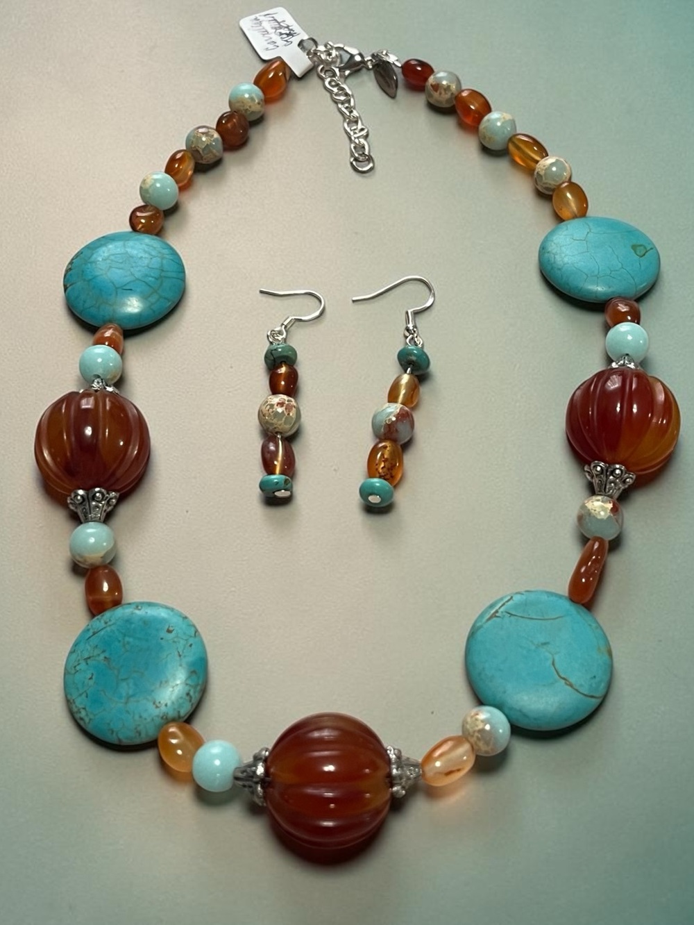 Handmade Genuine Turquoise & Carved Carnelian Statement Necklace